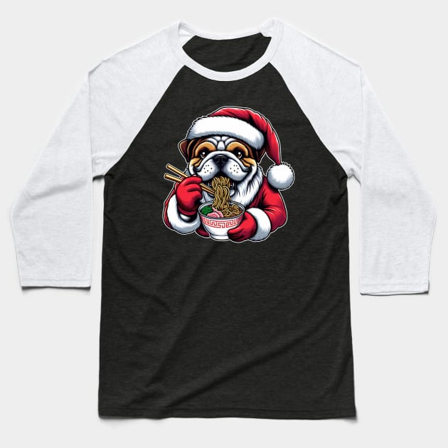 Bulldog as Santa eating Ramen on Christmas Baseball T-Shirt by cowyark rubbark